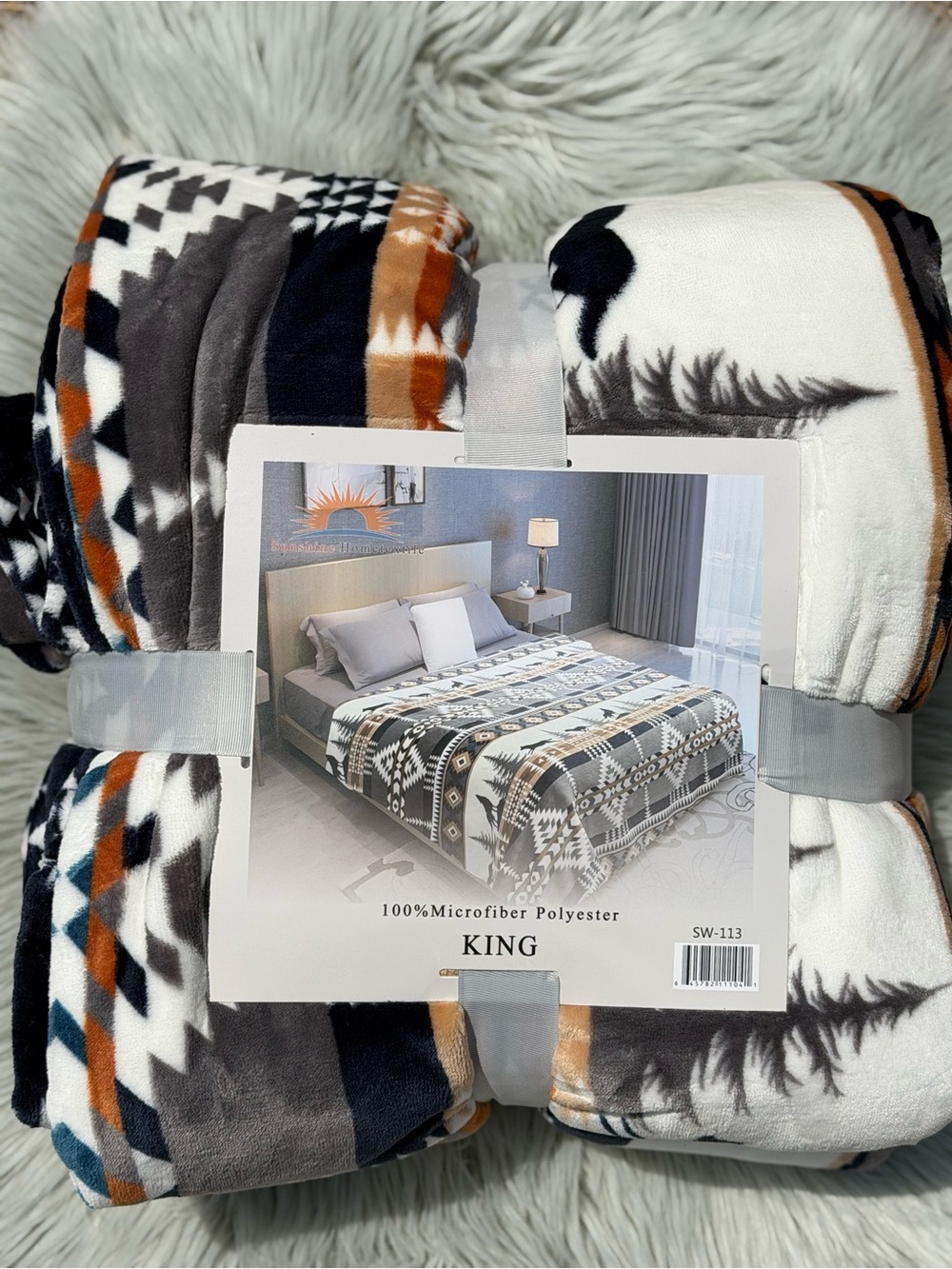 New king size flannel blanket thick gray black white wolf Aztec print double sid